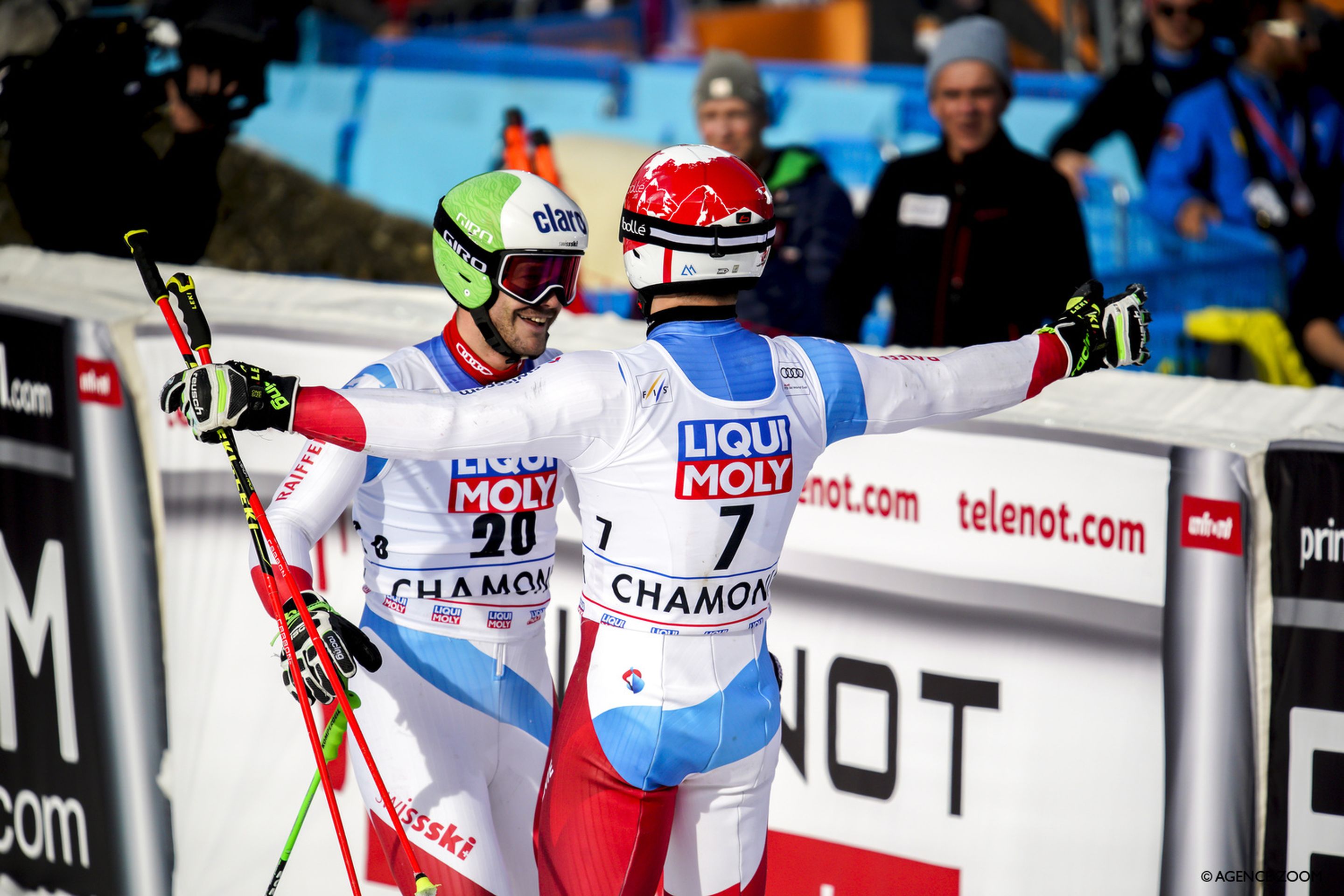 CHAMONIX, FRANCE - FEBRUARY 9: Loic Meillard of Switzerland celebrates, Thomas Tumler of Switzerland celebrates during the Audi FIS Alpine Ski World Cup Men's Parallel Giant Slalom on February 9, 2020 in Chamonix France. (Photo by Millo Moravski/Agence Zoom)