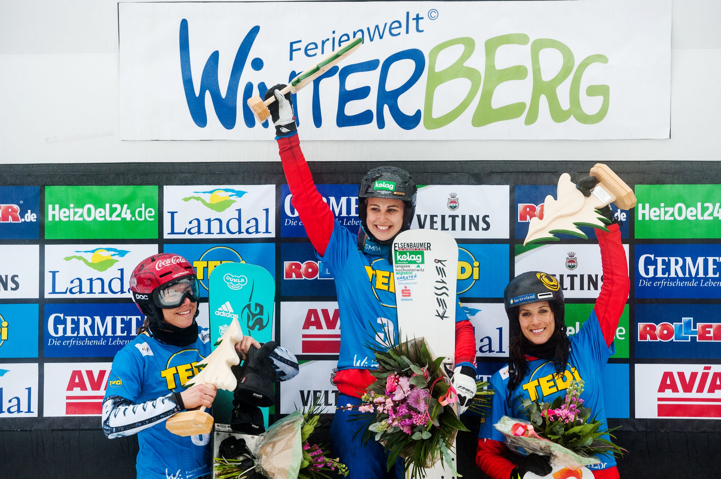 FIS Snowboard World Cup - Winterberg GER - PSL - Women's podium with 2nd LEDECKA Ester CZE, 1st SCHOEFFMANN Sabine AUT and 3rd DUJMOVITS Julia AUT © Miha Matavz/FIS