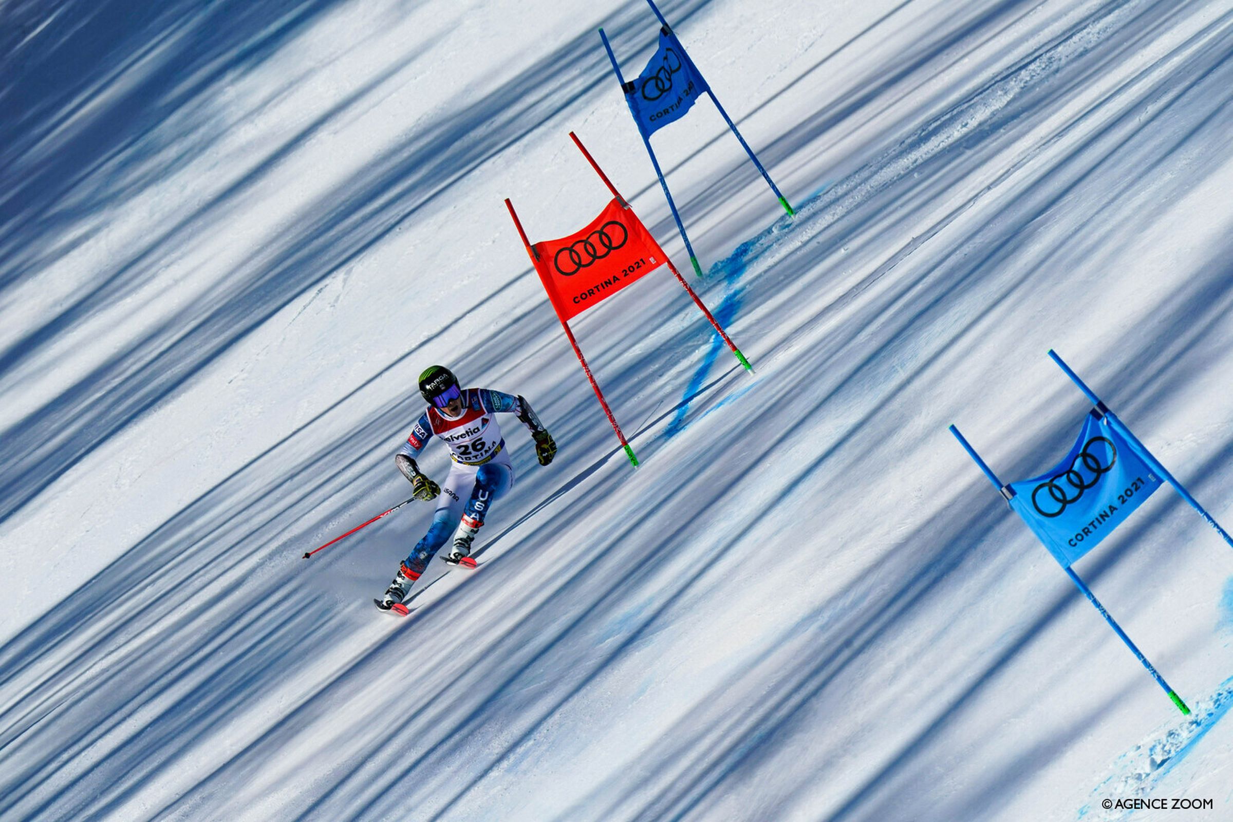 CORTINA D'AMPEZZO, ITALY - FEBRUARY 19 : River Radamus of USA in action during the FIS Alpine Ski World Championships Men's Giant Slalom on February 19, 2021 in Cortina d'Ampezzo Italy. (Photo by Francis Bompard/Agence Zoom)