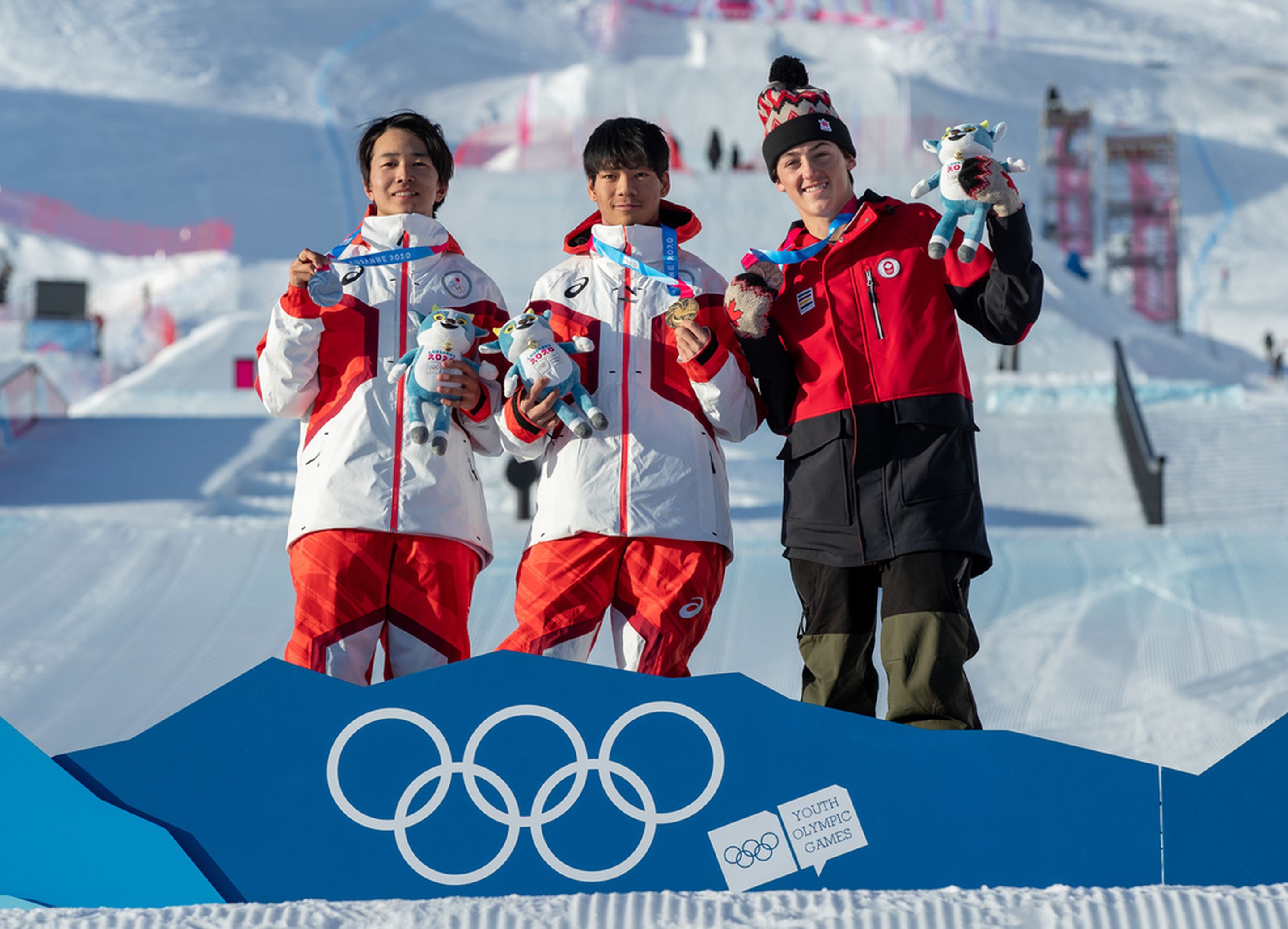 Men's big air podium: 2nd Aoto Kawkami (JPN), 1st Ryoma Kimata (JPN), 3rd Liam Brearley (CAN) © OIS