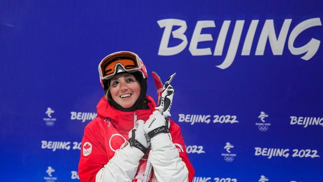 Team Canada freestyle skier Justine Dufour-Lapointe reacts after competing in the women’s moguls during the Beijing 2022 Olympic Winter Games on Sunday, February 06, 2022. Photo by Darren Calabrese/COC *MANDATORY CREDIT*