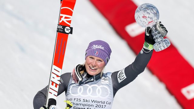 ASPEN, USA - MARCH 19: Tessa Worley of France wins the globe in the overall standings during the Audi FIS Alpine Ski World Cup Finals Women's Giant Slalom and Men's Slalom on March 19, 2017 in Aspen, USA (Photo by Alexis Boichard/Agence Zoom)