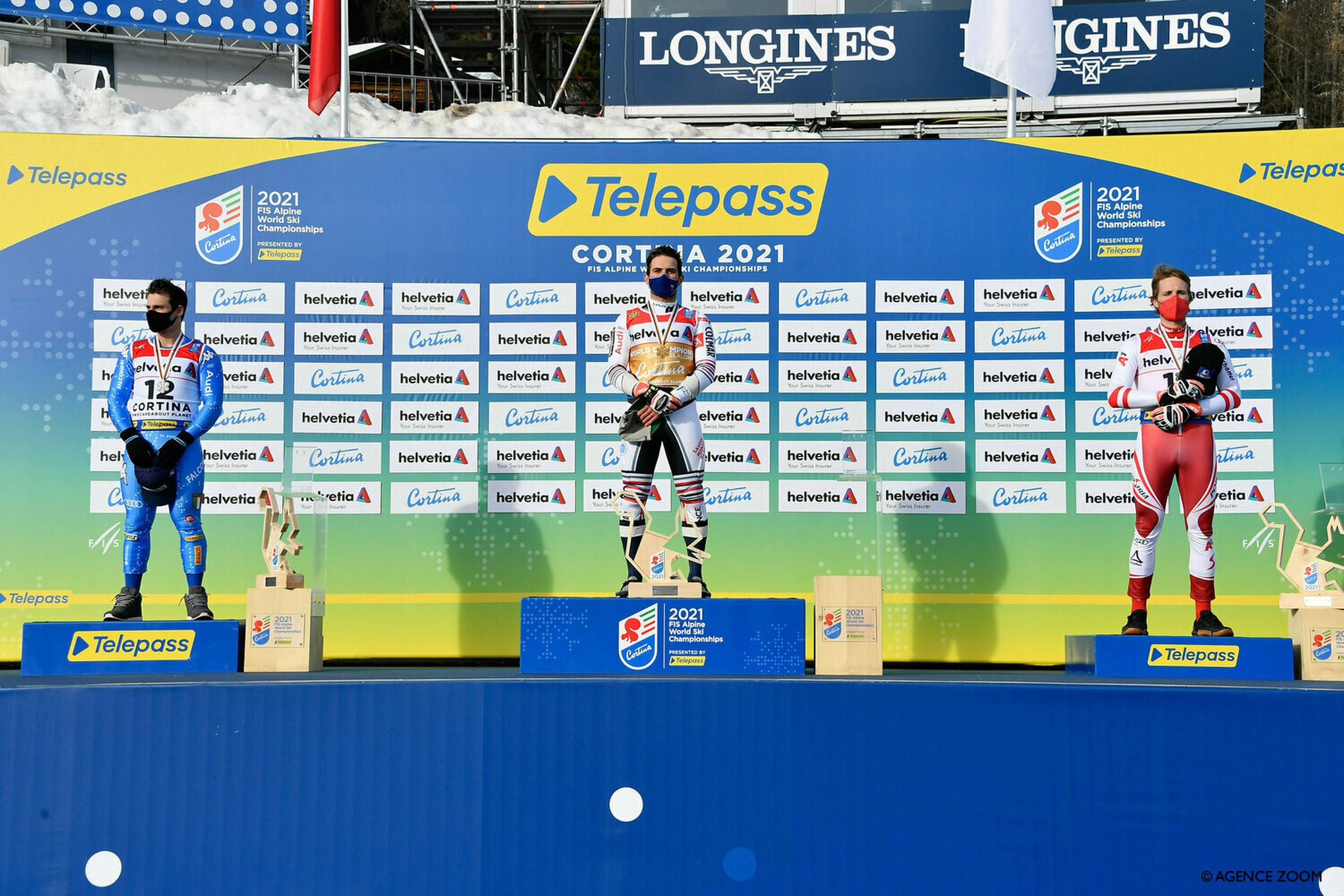 CORTINA D'AMPEZZO, ITALY - FEBRUARY 19 : Luca De Aliprandini of Italy wins the silver medal, Mathieu Faivre of France wins the gold medal, Marco Schwarz of Austria wins the bronze medal during the FIS Alpine Ski World Championships Men's Giant Slalom on February 19, 2021 in Cortina d'Ampezzo Italy. (Photo by Alain Grosclaude/Agence Zoom)