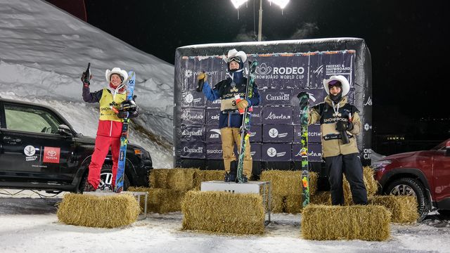 The men's Snow Rodeo podium of Alex Ferreira (USA), Brendan Mackay (CAN) and Simon D'Artois (CAN) © Sebastien Berthiaume - @stillsbyseb