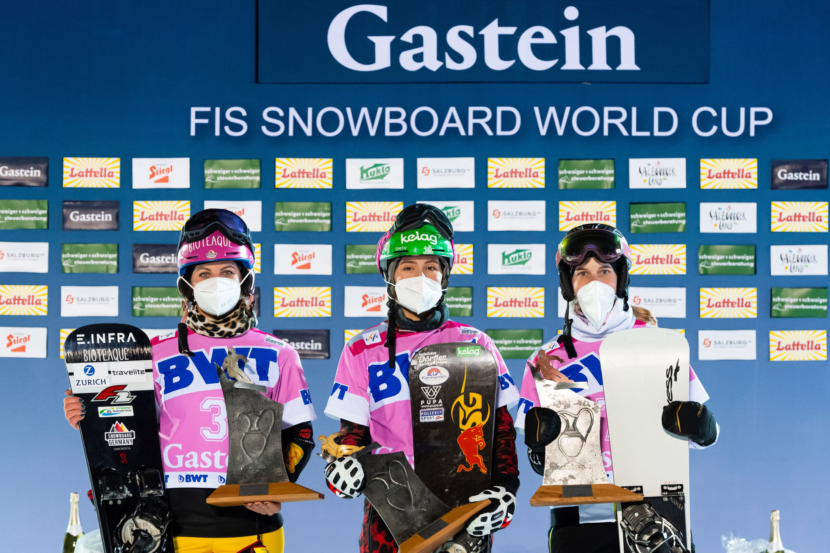 FIS Snowboard World Cup - Bad Gastein AUT - PSL - Women's podium with 2nd HOFMEISTER Ramona Theresia GER, 1st ULBING Daniela AUT, 3rd SOBOLEVA Natalia RUS © Miha Matavz/FIS