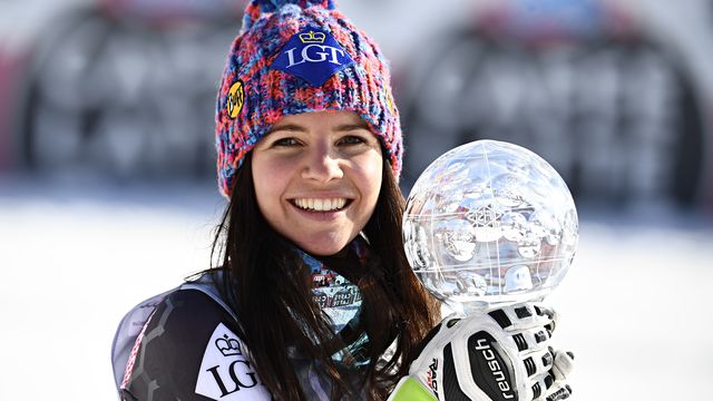 ARE, SWEDEN - MARCH 15: Tina Weirather of Liechtenstein wins the globe in the women super G standing during the Audi FIS Alpine Ski World Cup Finals Men's and Women's Super G on March 15, 2018 in Are, Sweden. (Photo by Alain Grosclaude/Agence Zoom)