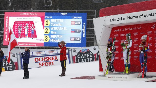 LAKE LOUISE, AB - DECEMBER 01: Tina Weirather of Liechtenstein takes 2nd place, Cornelia Huetter of Austria takes 1st place, Mikaela Shiffrin of USA takes 3rd place during the Audi FIS Alpine Ski World Cup Women's Downhill on December 1, 2017 in Lake Louise, Canada. (Photo by Christophe Pallot/Agence Zoom)