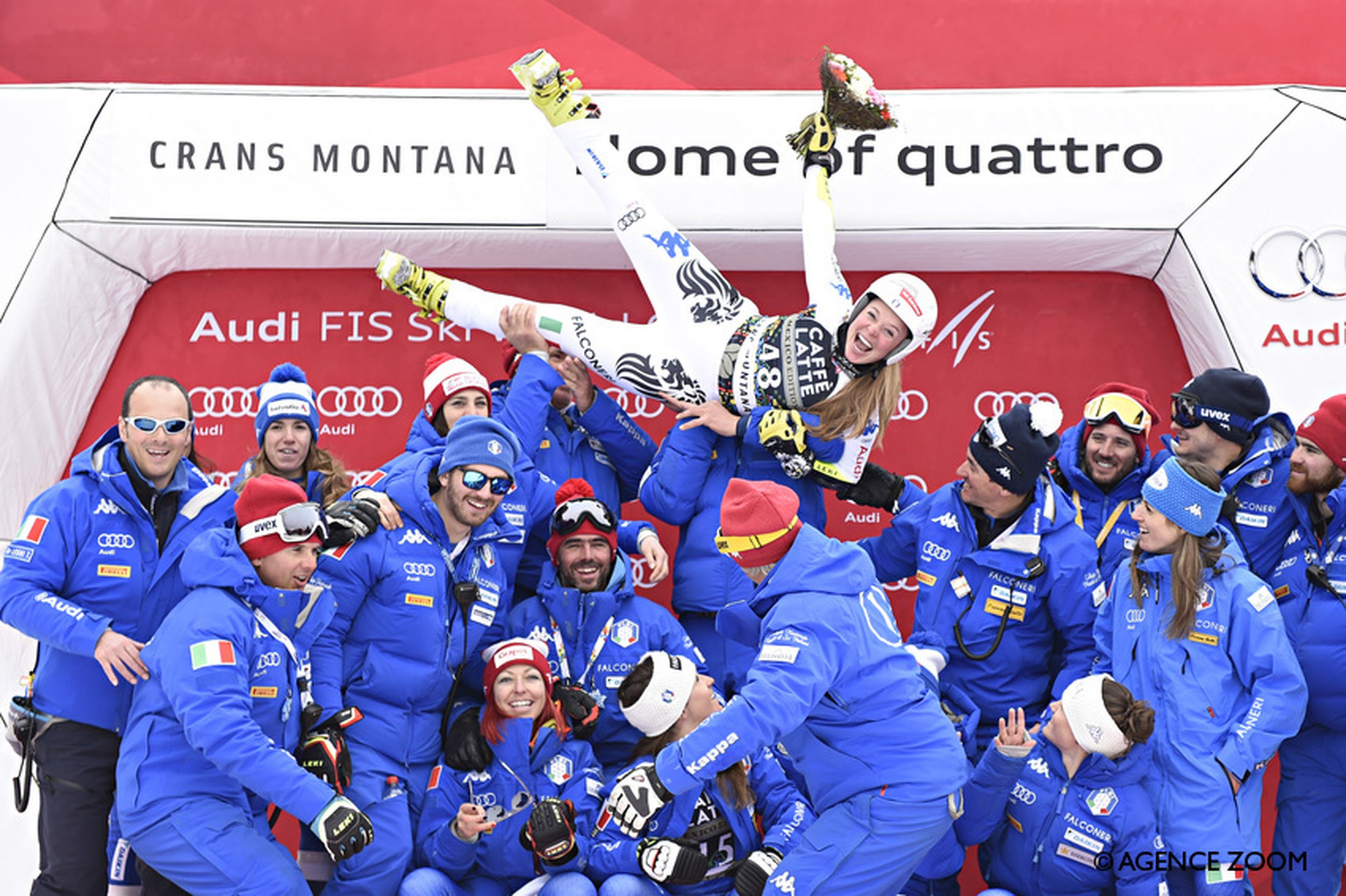 CRANS-MONTANA, SWITZERLAND - MARCH 03: Verena Stuffer of Italy celebrates her retirement during the Audi FIS Alpine Ski World Cup Women's Super G on March 3, 2018 in Crans-Montana, Switzerland. (Photo by Michel Cottin/Agence Zoom)