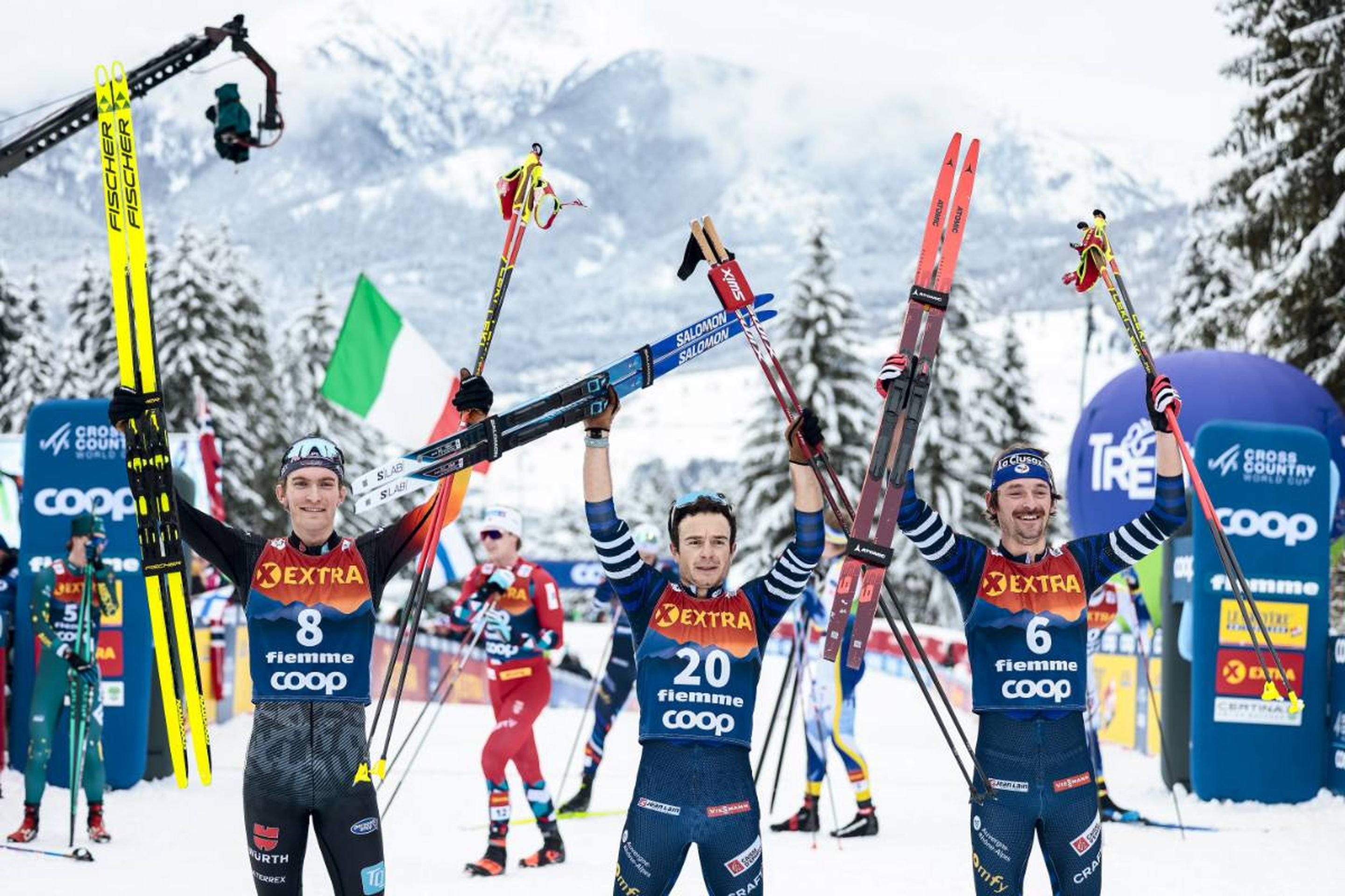 Germany's Friedrich Moch (left) with France's Jules Lapierre and Hugo Lapalus (right) on the podium © NordicFocus