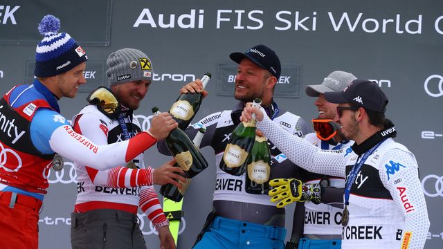 BEAVER CREEK, USA - DECEMBER 1: Max Franz of Austria takes 1st place, Mauro Caviezel of Switzerland takes 2nd place, Aksel Lund Svindal of Norway takes 3rd place, Aleksander Aamodt Kilde of Norway takes 3rd place, Dominik Paris of Italy takes 3rd place during the Audi FIS Alpine Ski World Cup Men's Super G on December 1, 2018 in Beaver Creek USA. (Photo by Francis Bompard/Agence Zoom)