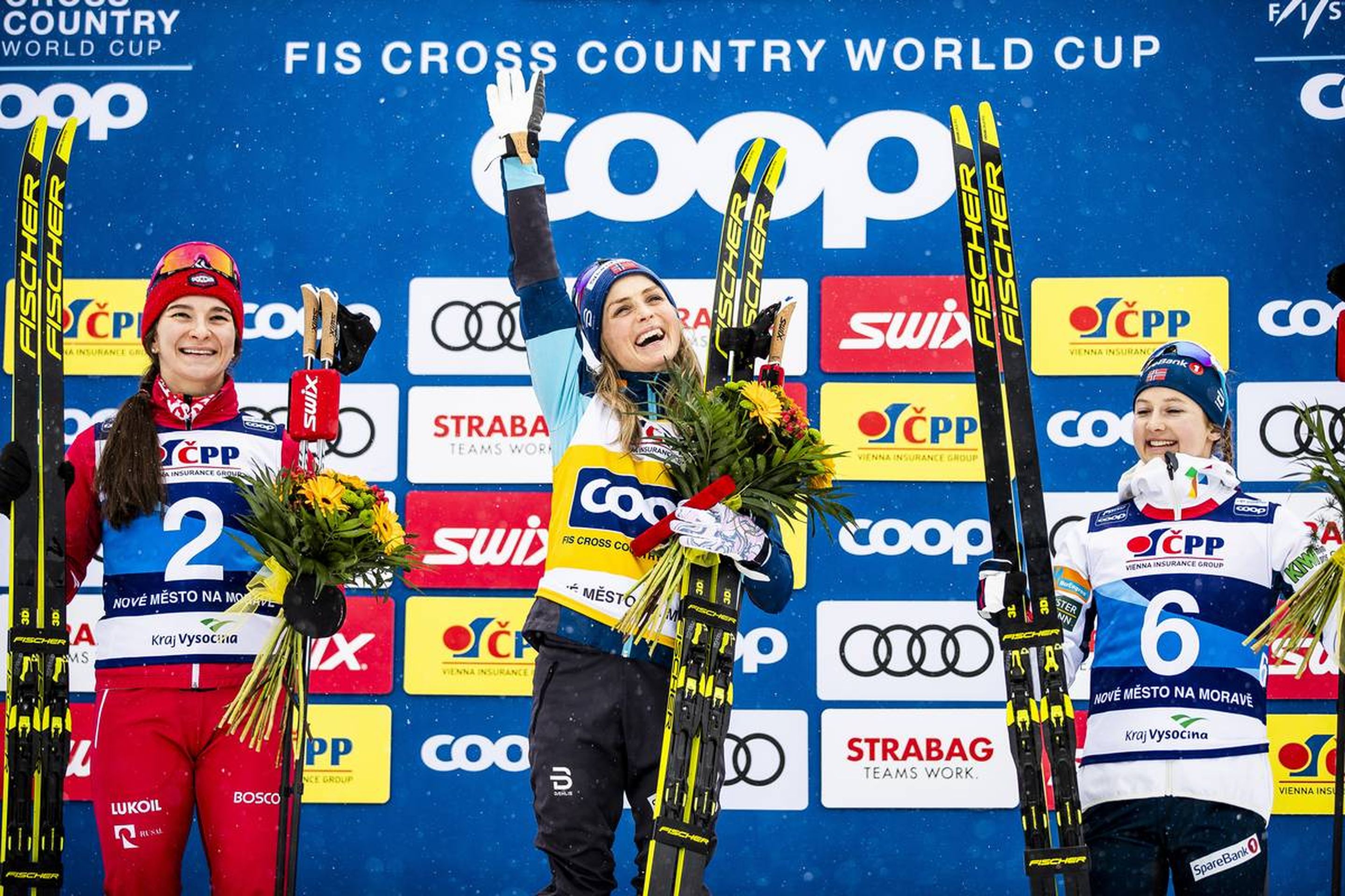 19.01.2020, Nove Mesto, Czech Republic (CZE):
Natalia Nepryaeva (RUS), Therese Johaug (NOR), Ingvild Flugstad Oestberg (NOR), (l-r)  - FIS world cup cross-country, pursuit women, Nove Mesto (CZE). www.nordicfocus.com. © Modica/NordicFocus. Every downloaded picture is fee-liable.