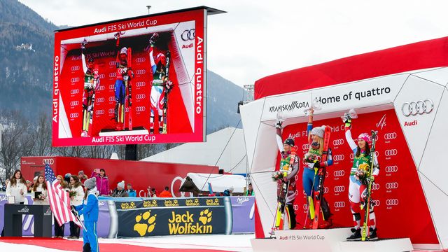 KRANJSKA GORA, SLOVENIA - JANUARY 07: Frida Hansdotter of Sweden takes 2nd place, Mikaela Shiffrin of USA takes 1st place, Wendy Holdener of Switzerland takes 3rd place during the Audi FIS Alpine Ski World Cup Women's Slalom on January 7, 2018 in Kranjska Gora, Slovenia. (Photo by Christophe Pallot/Agence Zoom)