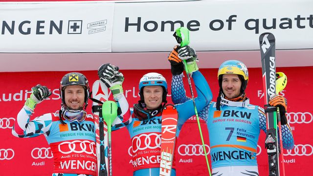 WENGEN, SWITZERLAND - JANUARY 15: Marcel Hirscher of Austria takes 2nd place, Henrik Kristoffersen of Norway takes 1st place, Felix Neureuther of Germany takes 3rd place during the Audi FIS Alpine Ski World Cup Men's Slalom on January 15, 2017 in Wengen, Switzerland (Photo by Alexis Boichard/Agence Zoom)