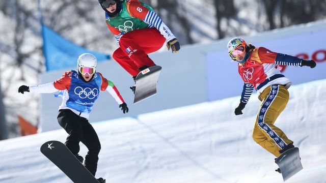 PYEONGCHANG-GUN, SOUTH KOREA - FEBRUARY 16: Nelly Moenne Loccoz of France competes, Eva Samkova of Czech Republic takes 3rd place, Alexandra Jekova of Bulgaria competes during the Snowboarding Women's Snowboard Cross Finals at Pheonix Snow Park on February 16, 2018 in Pyeongchang-gun, South Korea. (Photo by Laurent Salino/Agence Zoom)