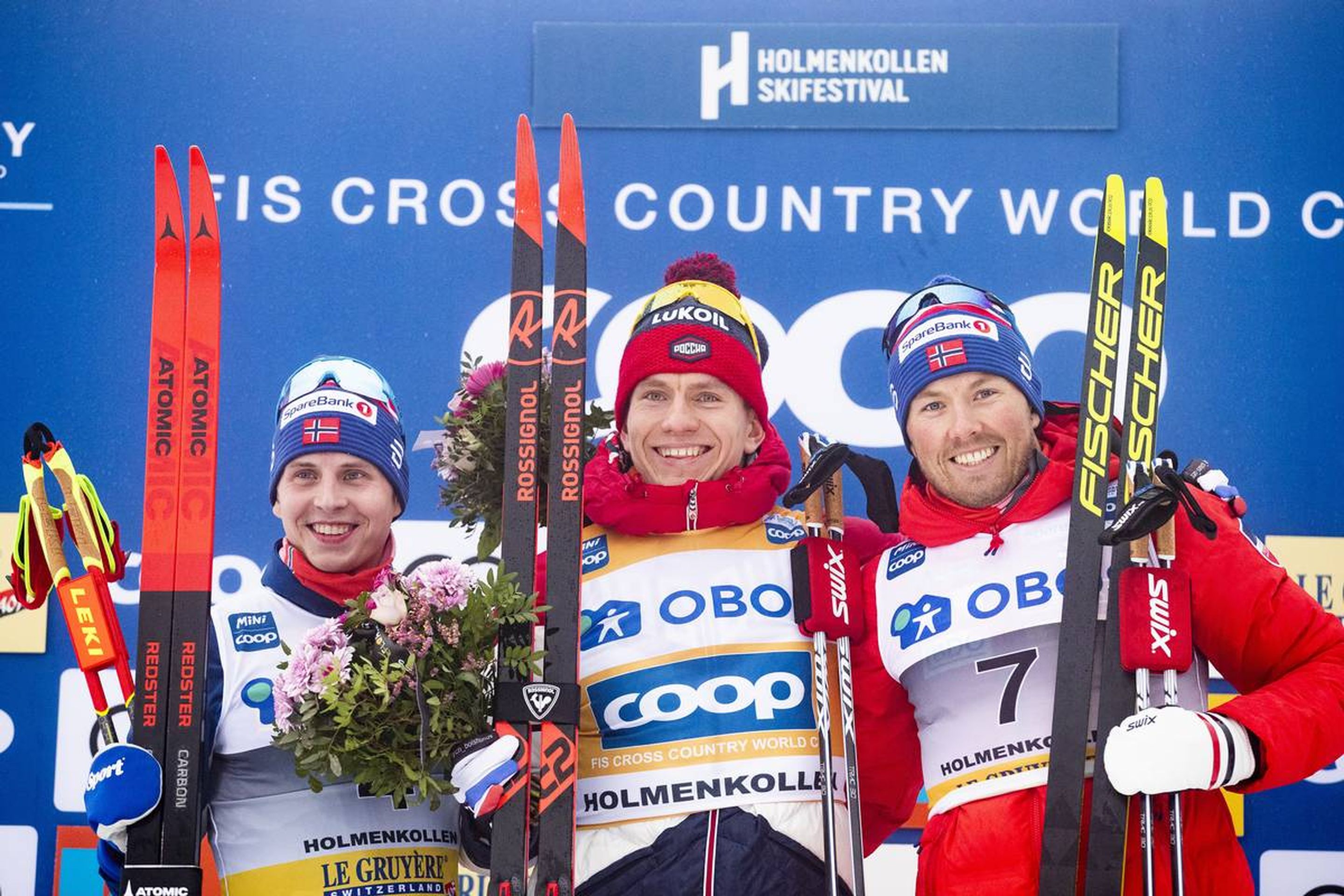 08.03.2020, Oslo, Norway (NOR):
Simen Hegstad Krueger (NOR), Alexander Bolshunov (RUS), Emil Iversen (NOR), (l-r) - FIS world cup cross-country, mass men, Oslo (NOR). www.nordicfocus.com. © Modica/NordicFocus. Every downloaded picture is fee-liable.