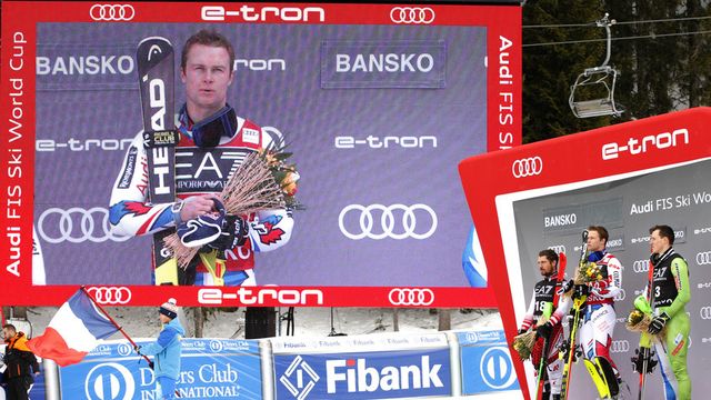 BANSKO, BULGARIA - FEBRUARY 22: Alexis Pinturault of France takes 1st place, Marcel Hirscher of Austria takes 2nd place, Stefan Hadalin of Slovenia takes 3rd place during the Audi FIS Alpine Ski World Cup Men's Alpine Combined on February 22, 2019 in Bansko Bulgaria. (Photo by Christophe Pallot/Agence Zoom)