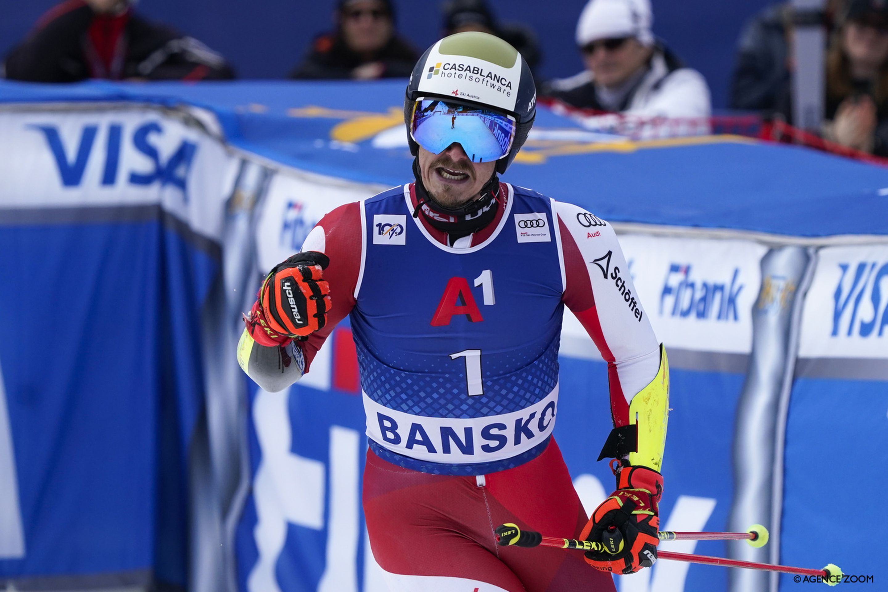 Feller shows his approval in the Bansko finish area (Agence Zoom)