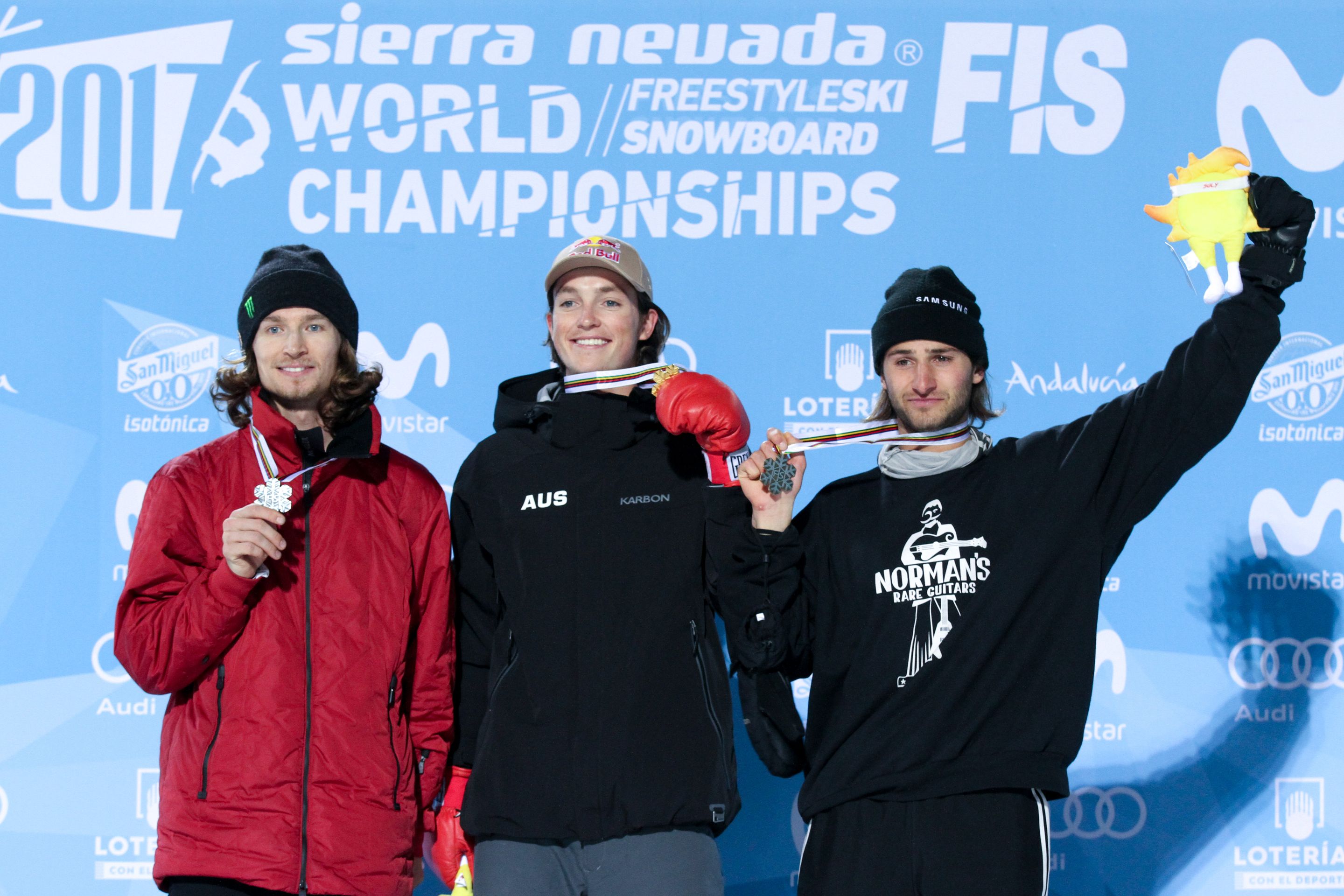 Halfpipe podium men - Sierra Nevada 2017 FIS Snowboard World Championships - Halfpipe - 2nd Iouri Podladtchikov (SUI), 1st Scotty James (AUS), 3rd Patrick Burgener (SUI)