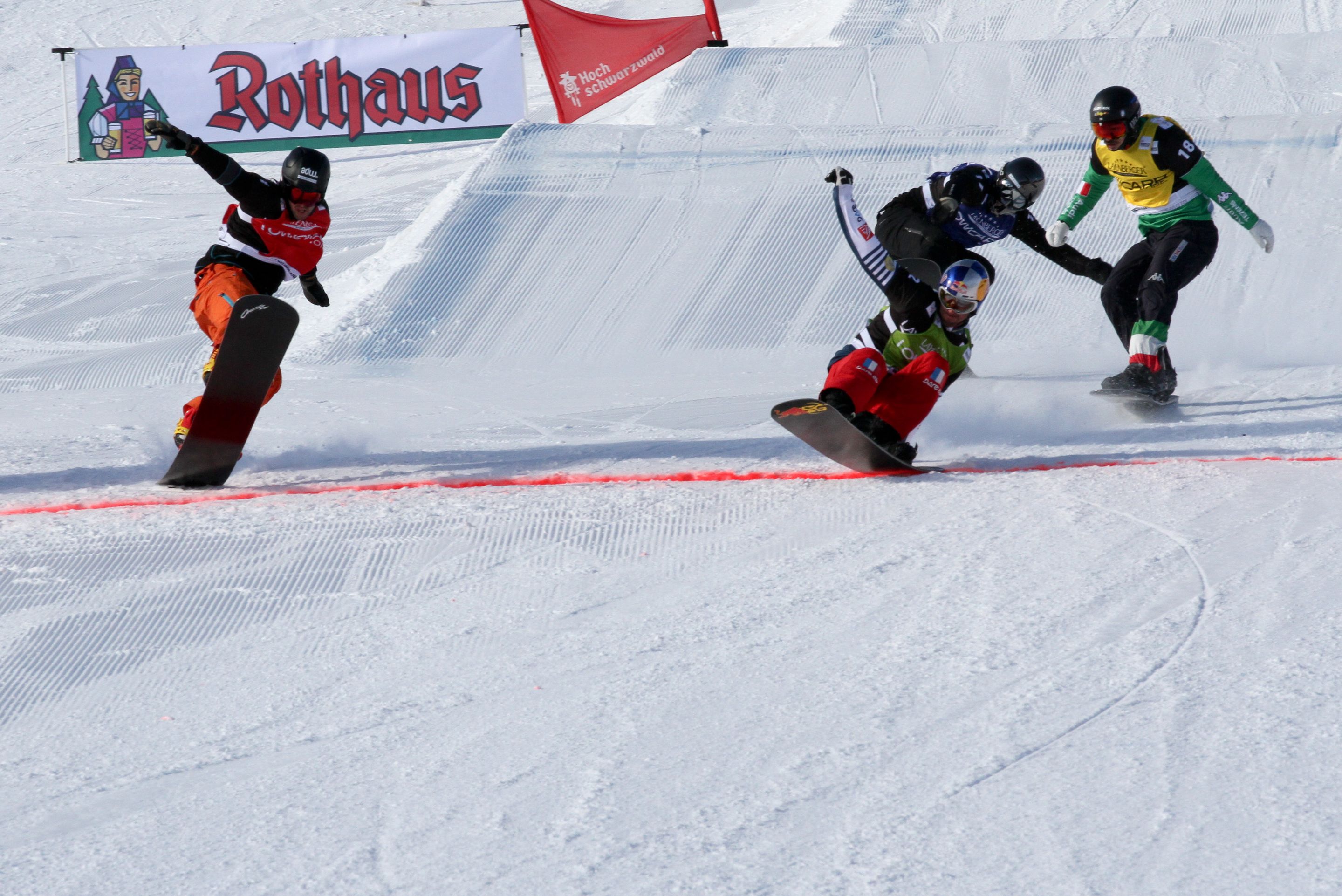 Photo finish Men's Finals with Pierre Vaultier (FRA) in green winning ahead Lucas Eguibar (ESP) in red Omar Visintin (ITA) in yellow and Regino Hernandez (ESP) in blue - SBX World Cup Feldberg