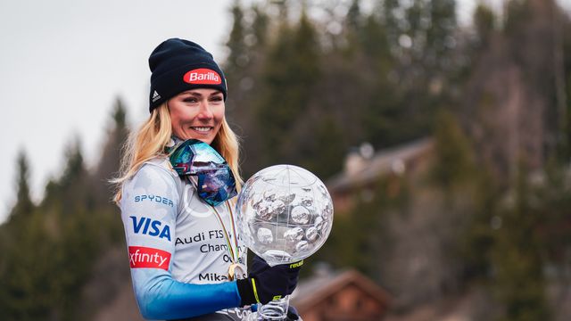 COURCHEVEL, FRANCE - MARCH 20: Mikaela Shiffrin of Team United States wins the globe in the overall standings during the Audi FIS Alpine Ski World Cup Women's Giant Slalom on March 20, 2022 in Courchevel, France. (Photo by Paul Brechu/Agence Zoom)