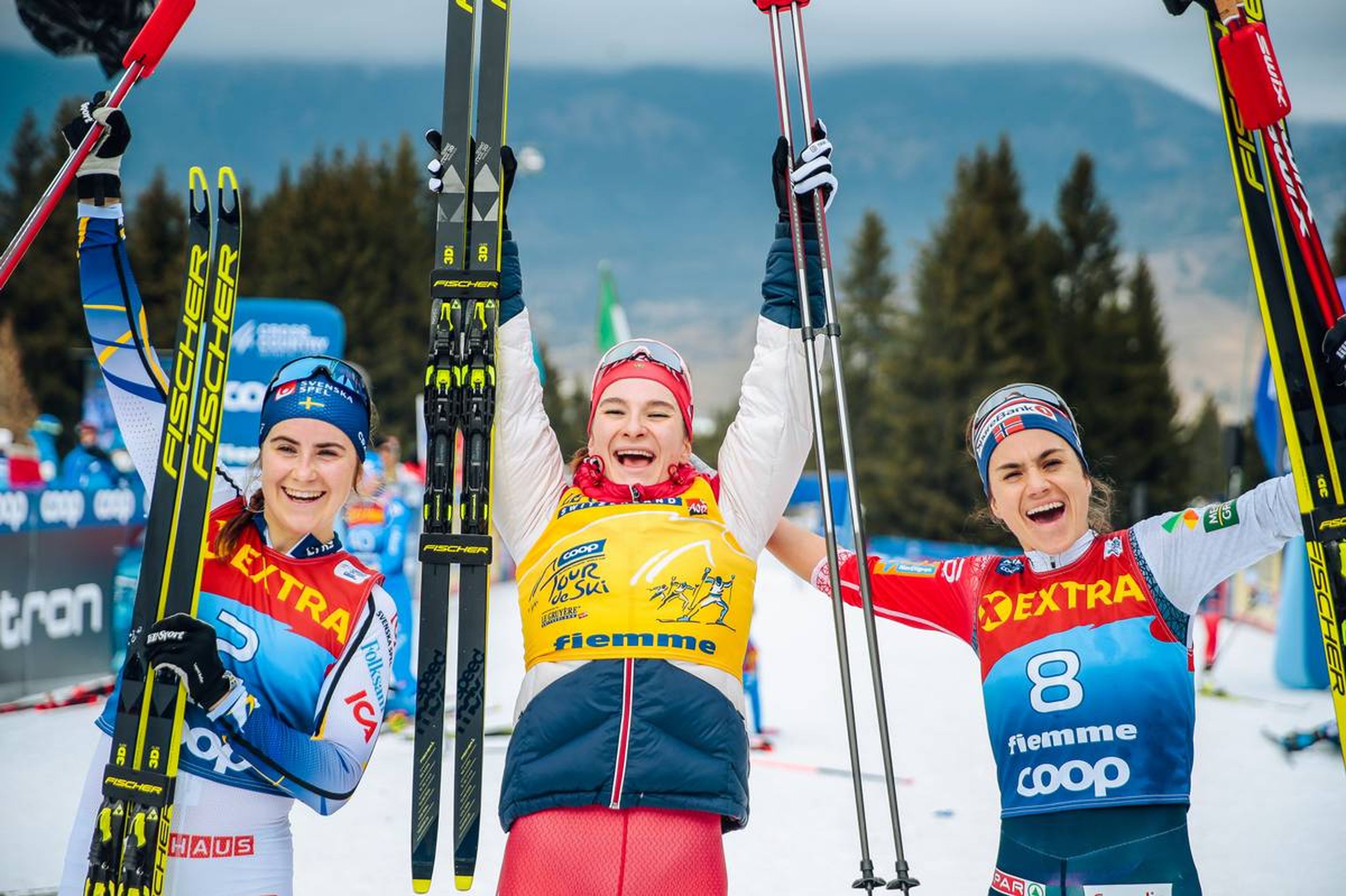 04.01.2022, Val di Fiemme, Italy (ITA):
Ebba Andersson (SWE), Natalia Nepryaeva (RUS), Heidi Weng (NOR), (l-r)  - FIS world cup cross-country, tour de ski, final climb women, Val di Fiemme (ITA). www.nordicfocus.com. © Modica/NordicFocus. Every downloaded picture is fee-liable.