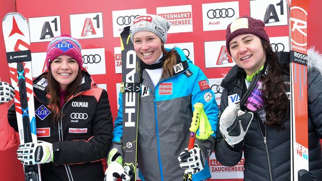 ALTENMARKT/ZAUCHENSEE, AUSTRIA - JANUARY 15: Tina Weirather of Liechtenstein takes 2nd place, Christine Scheyer of Austria takes 1st place, Jacqueline Wiles of USA takes 3rd place during the Audi FIS Alpine Ski World Cup Women's Downhill on January 15, 2017 in Altenmarkt/Zauchensee, Austria (Photo by Christophe Pallot/Agence Zoom)