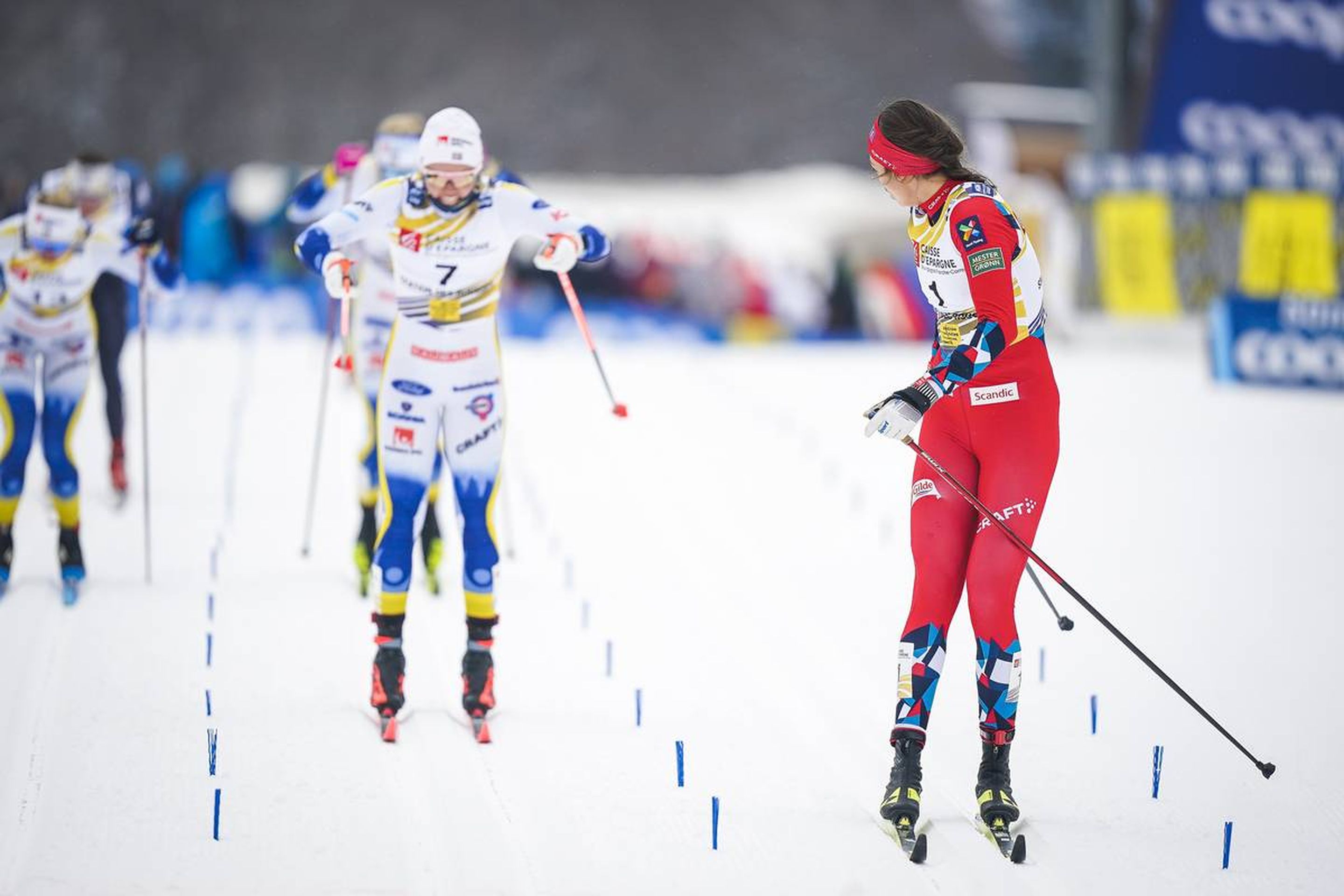 Norway's Kristine Stavaas Skistad (right) looks back at Sweden's Emma Ribom (left) to realise that she has won the sprint: @Nordic Focus.