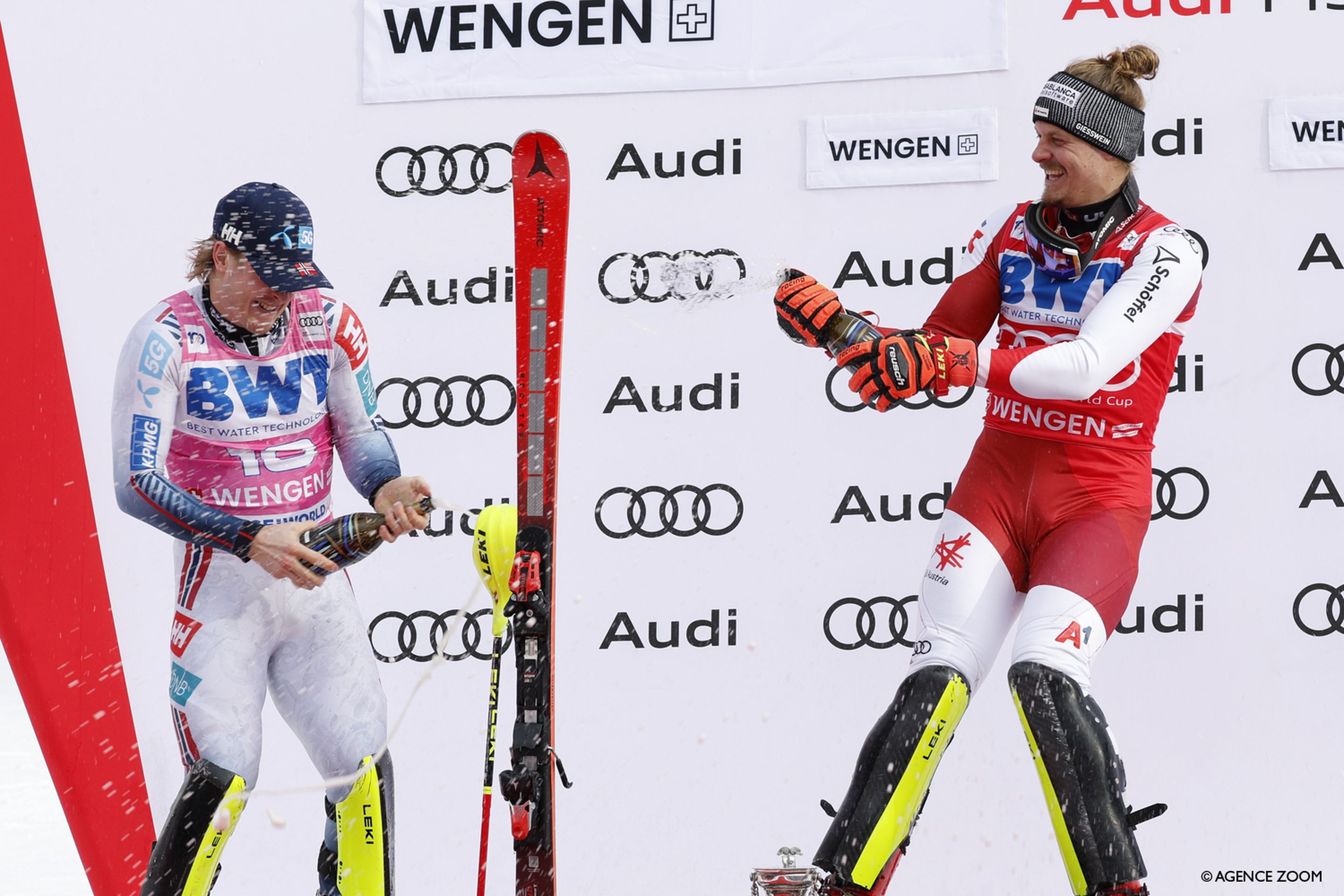 Atle Lie McGrath (NOR, left) and Manuel Feller (AUT, right) celebrate on the podium on Sunday (Agence Zoom)