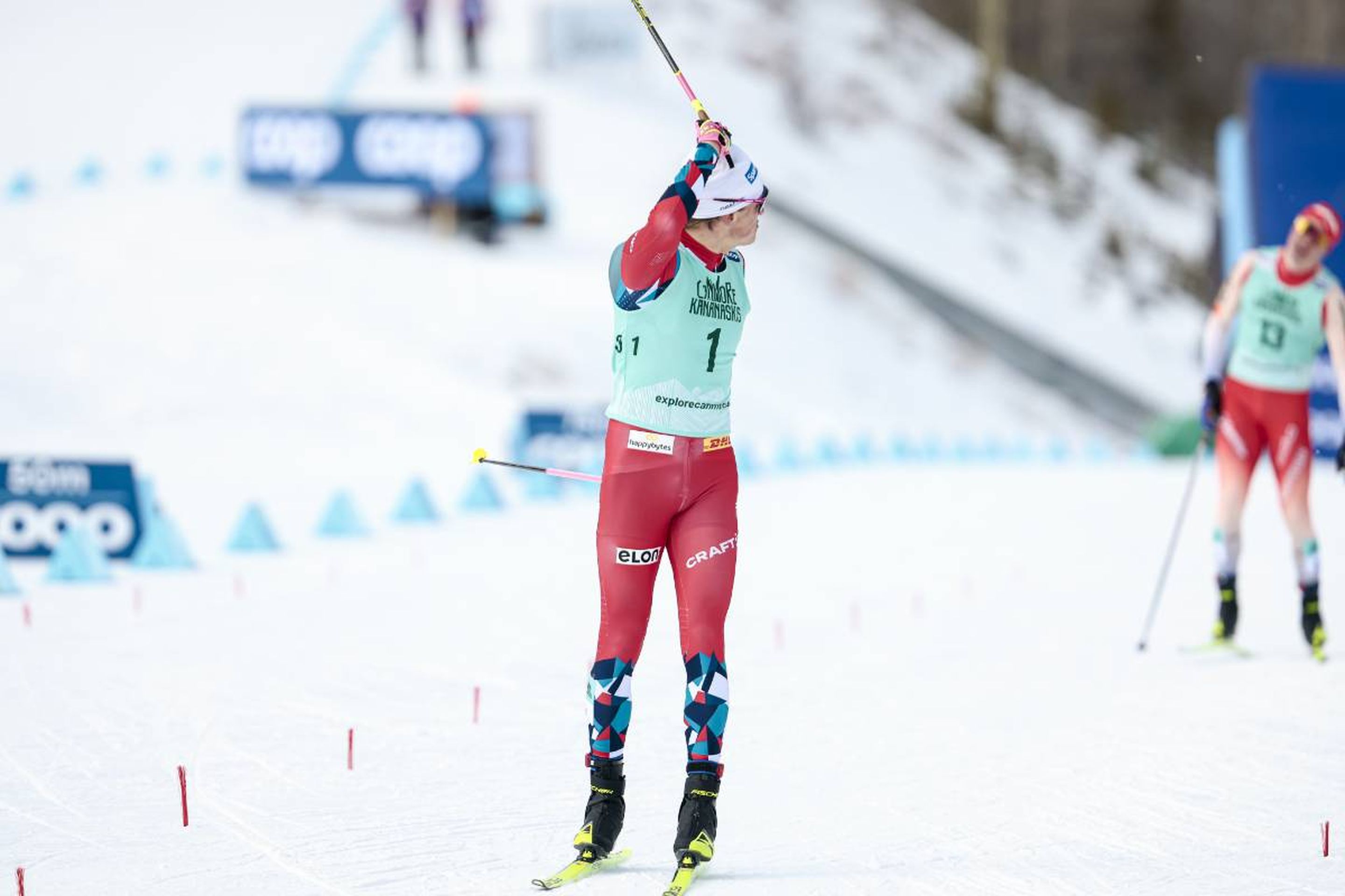 Johannes Hoesflot Klaebo looks back as he celebrates his seventh individual World Cup victory this season © NordicFocus