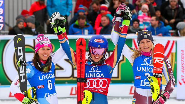 LIENZ, AUSTRIA - DECEMBER 28: Wendy Holdener of Switzerland takes 2nd place, Mikaela Shiffrin of USA takes 1st place, Frida Hansdotter of Sweden takes 3rd place during the Audi FIS Alpine Ski World Cup Women's Slalom on December 28, 2017 in Lienz, Austria. (Photo by Laurent Salino/Agence Zoom)