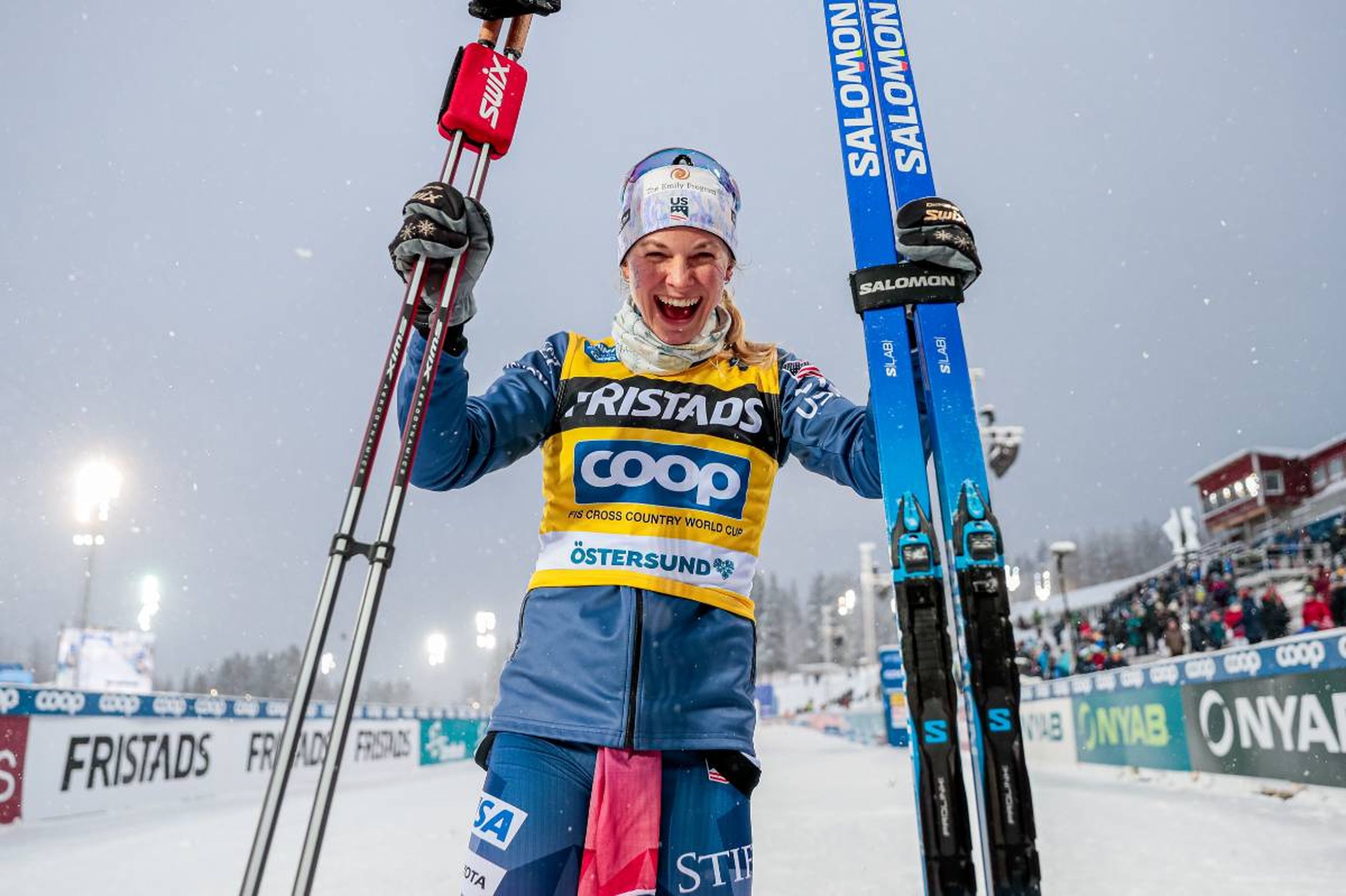 USA's Jessie Diggins after winning the women's 10km free at Oestersund, Sweden, on 10 December © NordicFocus