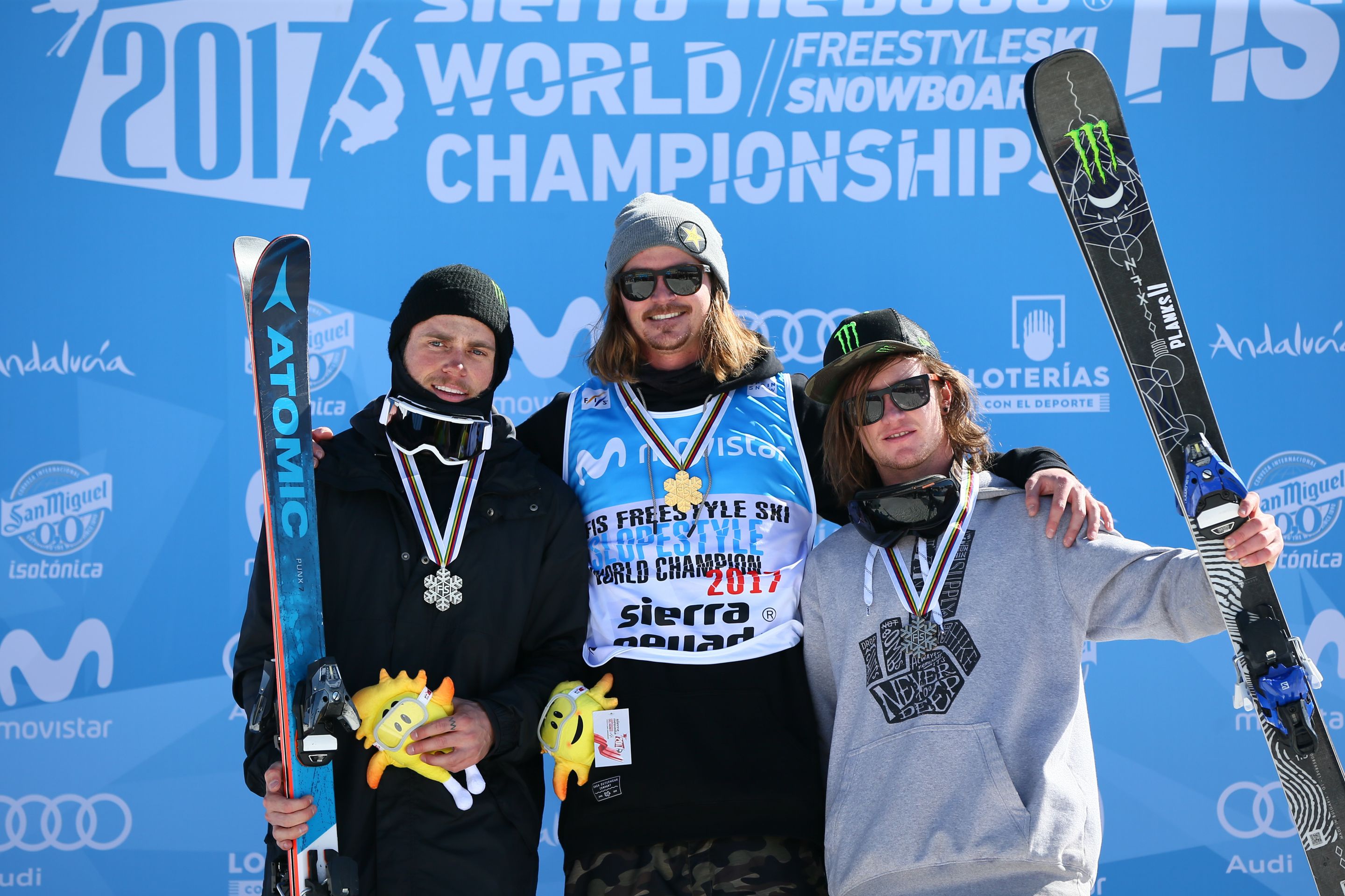 SIERRA NEVADA, SPAIN Ð MARCH 19: Mcrae Williams of USA wins the gold medal, Gus Kenworthy of USA wins the silver medal, James Woods of Great Britain wins the bronze medal during the FIS Freestyle Ski & Snowboard World Championships Slopestyle (FS) on March 19, 2017 in Sierra Nevada, Spain (Photo by Laurent Salino/Agence Zoom)