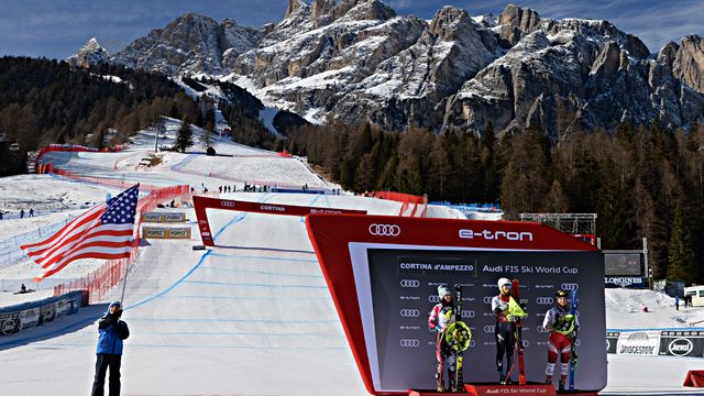 CORTINA D'AMPEZZO, ITALY - JANUARY 20 : Tina Weirather of Liechtenstein takes 2nd place, Mikaela Shiffrin of USA takes 1st place, Tamara Tippler of Austria takes 3rd place during the Audi FIS Alpine Ski World Cup Women's Super G on January 20, 2019 in Cortina d'Ampezzo Italy. (Photo by Francis Bompard/Agence Zoom)