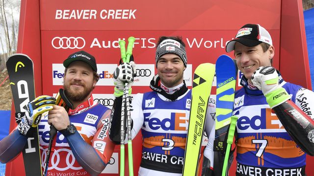 BEAVER CREEK, CO - DECEMBER 01: Kjetil Jansrud of Norway takes 2nd place, Vincent Kriechmayr of Austria takes 1st place, Hannes Reichelt of Austria takes 3rd place during the Audi FIS Alpine Ski World Cup Men's Super G on December 1, 2017 in Beaver Creek, Colorado. (Photo by Alexis Boichard/Agence Zoom)