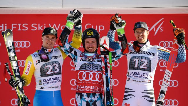 GARMISCH-PARTENKIRCHEN, GERMANY - JANUARY 29: Matts Olsson of Sweden takes 2nd place, Marcel Hirscher of Austria takes 1st place, Stefan Luitz of Germany takes 3rd place during the Audi FIS Alpine Ski World Cup Men's Giant Slalom on January 29, 2017 in Garmisch-Partenkirchen, Germany (Photo by Alain Grosclaude/Agence Zoom)