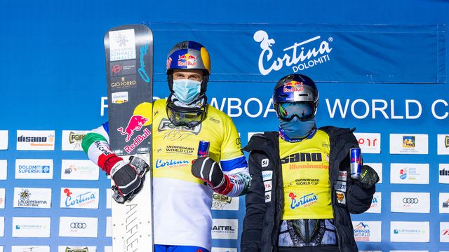 Roland Fischnaller (ITA) and Ester Ledecka (CZE) © Miha Matevz/FIS Snowboard