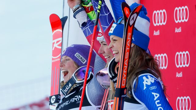 COURCHEVEL, FRANCE - DECEMBER 19: Tessa Worley of France takes 2nd place, Mikaela Shiffrin of USA takes 1st place, Manuela Moelgg of Italy takes 3rd place during the Audi FIS Alpine Ski World Cup Women's Giant Slalom on December 19, 2017 in Courchevel, France. (Photo by Christophe Pallot/Agence Zoom)
