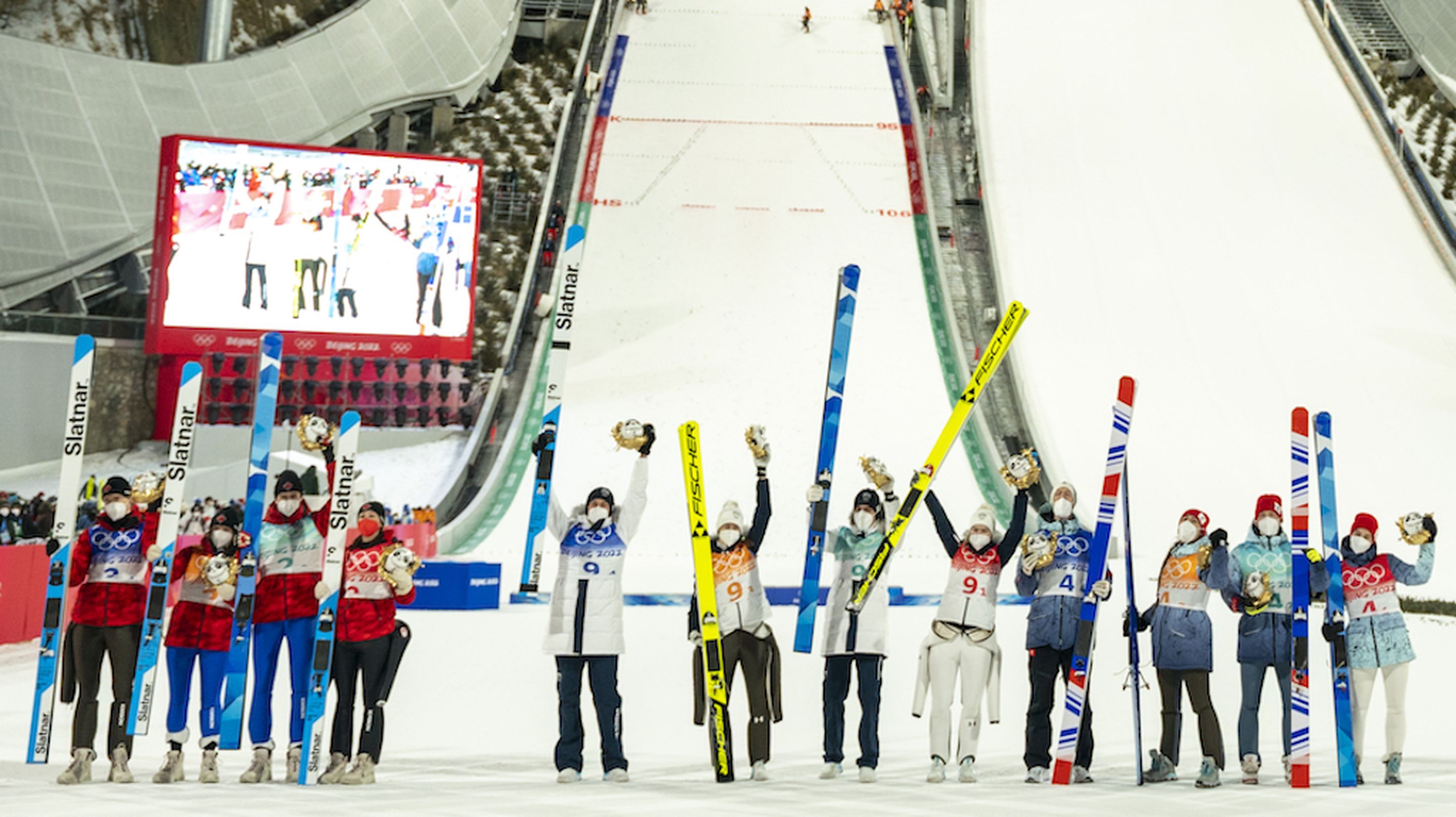 07.02.2022, Beijing, China (CHN):
Alexandria Loutitt (CAN), Matthew Soukup (CAN), Abigail Strate (CAN), Mackenzie Boyd-Clowes (CAN), Nika Kriznar (SLO), Timi Zajc (SLO), Ursa Bogataj (SLO), Peter Prevc (SLO), Irma Makhinia (ROC), Danil Sadreev (ROC), Irina Avvakumova (ROC), Evgenii Klimov (ROC), (l-r)  - XXIV. Olympic Winter Games Beijing 2022, ski jumping men and women, mixed team HS106, Beijing (CHN). www.nordicfocus.com. © Thibaut/NordicFocus. Every downloaded picture is fee-liable.